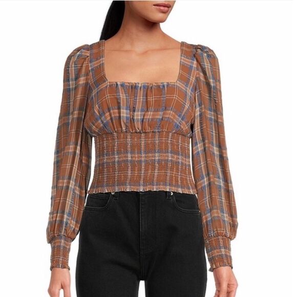 GIANNI BINI Brown Plaid Smocked Crop Top Long Puff‎ Sleeve Square Neck Sz 10 New - Picture 1 of 13
